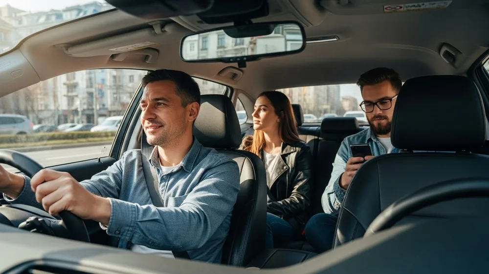 Motorista de aplicativo dirigindo com passageiros no banco de trás usando celular.