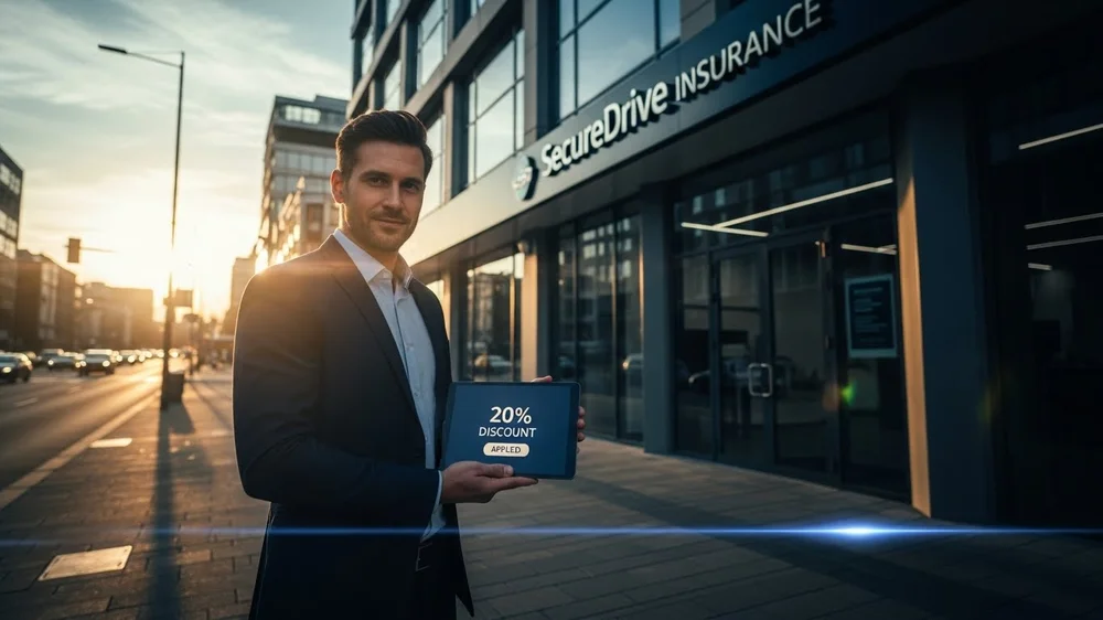 Homem em frente à SecureDrive Insurance segurando tablet que exibe um desconto de 20%.