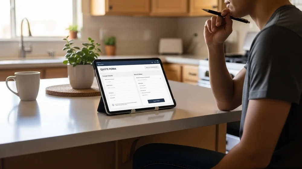 Pessoa em uma cozinha analisa formulário de cotação de seguro (Quote Form) em um tablet.