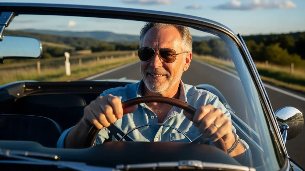 Homem sênior sorridente com óculos escuros dirigindo carro conversível em estrada ao pôr do sol.