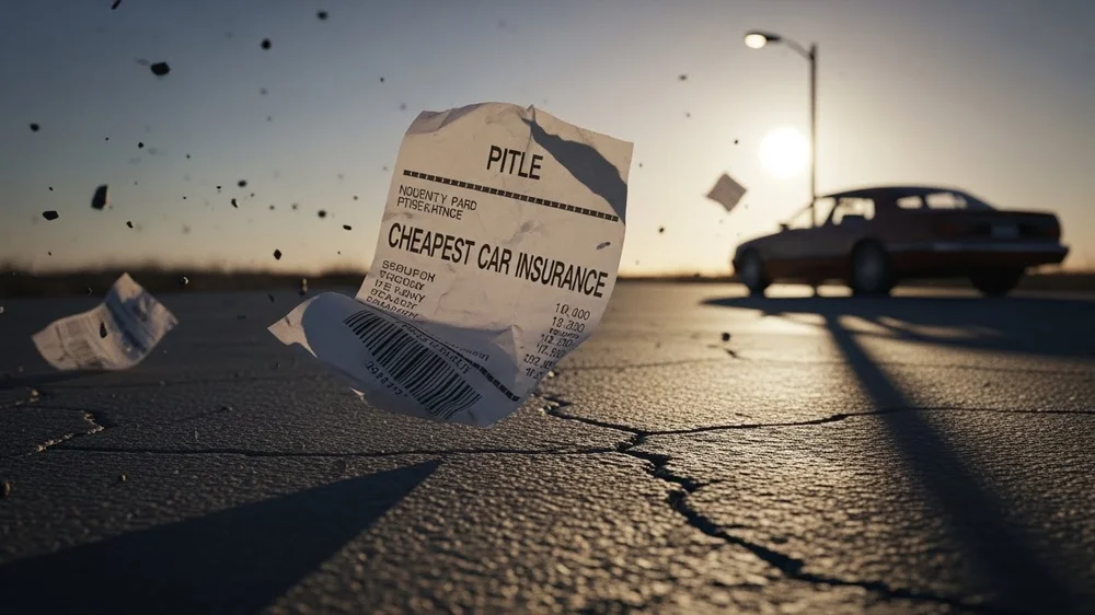 Um recibo de papel amassado flutuando sobre o asfalto rachado de uma estrada ao pôr do sol, com o texto "CHEAPEST CAR INSURANCE" em destaque. Ao fundo, a silhueta de um carro antigo estacionado sob a luz de um poste.