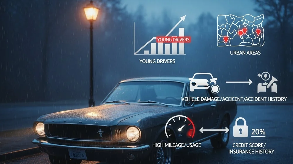 Infográfico sobre um carro clássico sob chuva e luz de poste, detalhando fatores de risco no seguro: motoristas jovens, áreas urbanas, histórico de acidentes, alta quilometragem e score de crédito.