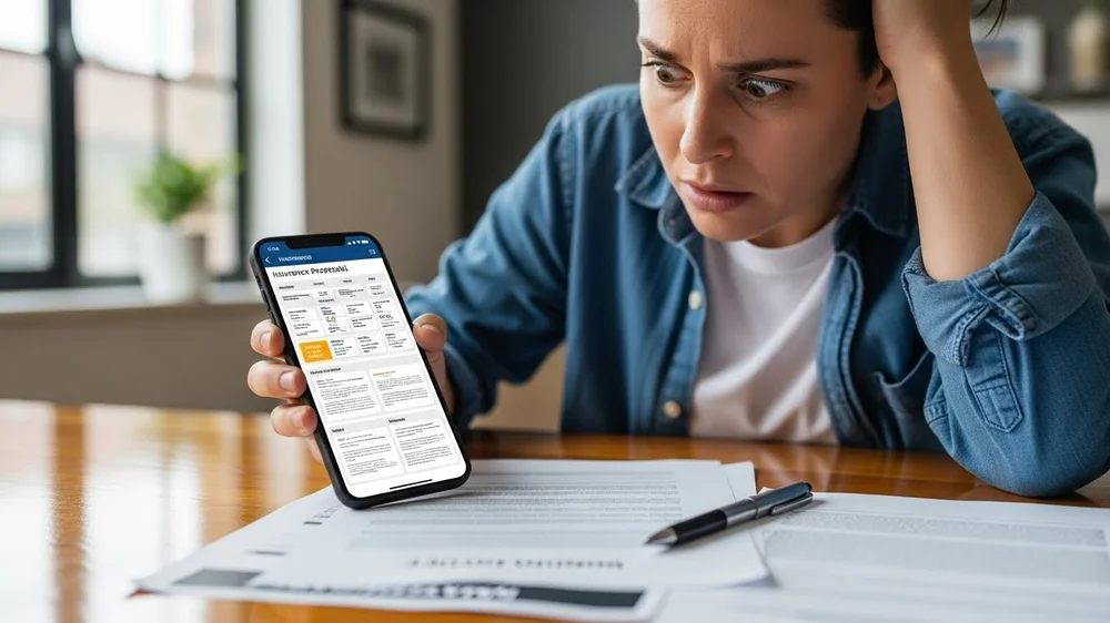 Uma mulher com expressão de choque e preocupação segura um smartphone que exibe uma tabela de cotações de seguro sobre uma mesa com documentos.