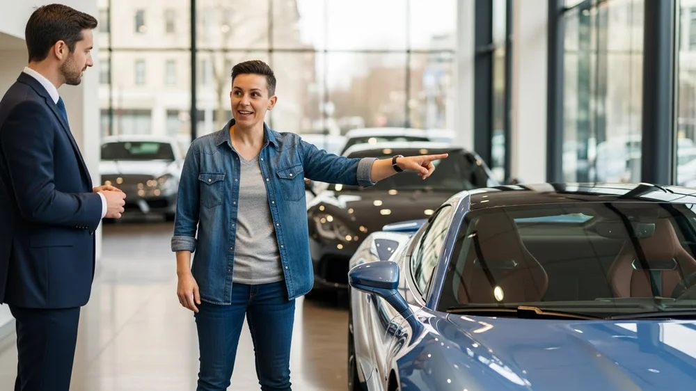 Uma mulher de camisa jeans aponta para um carro esportivo azul em uma concessionária, enquanto conversa com um vendedor de terno.