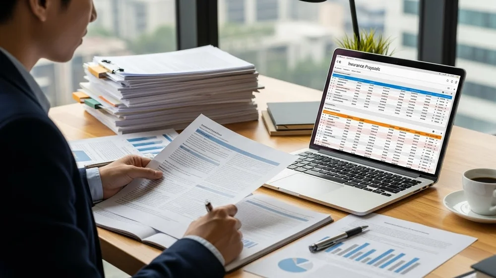 Homem em traje social analisando documentos de proposta de seguro em uma mesa com notebook, planilhas e uma xícara de café.