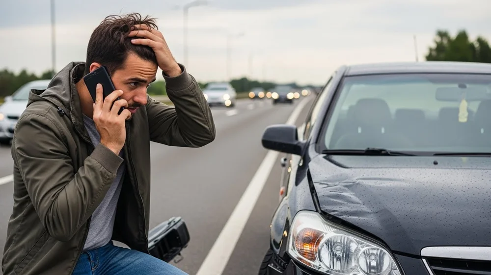 Homem preocupado fala ao celular ao lado de seu carro com o capô amassado após um acidente em uma rodovia movimentada.