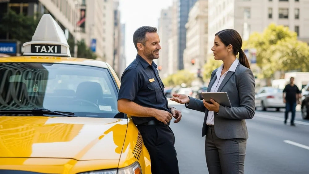 Um motorista de táxi sorridente conversa com uma mulher de negócios ao lado de um táxi amarelo em uma rua movimentada. A mulher segura um tablet enquanto eles interagem de forma amigável sob a luz do dia.