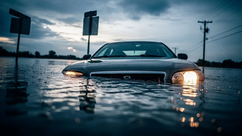 Um carro quase totalmente submerso em uma enchente em uma estrada rural sob um céu escuro e nublado. Os faróis do veículo estão acesos, refletindo na água que cobre grande parte da carroceria.