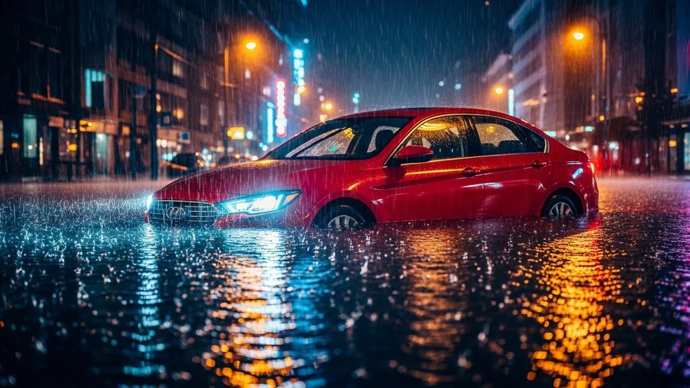 Um carro vermelho submerso em uma rua alagada à noite sob chuva forte, com luzes da cidade refletidas na água da enchente.