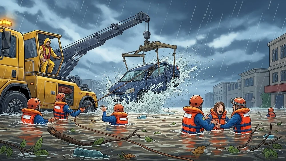 Uma ilustração de um resgate durante uma inundação urbana sob chuva forte. Um caminhão guindaste amarelo retira um carro azul de águas profundas, enquanto socorristas em botes e coletes laranja auxiliam uma mulher emocionada. Há detritos flutuando na água e prédios ao fundo.