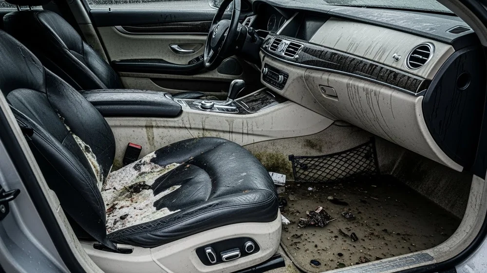 Interior de luxo de carro sujo de lama após inundação.