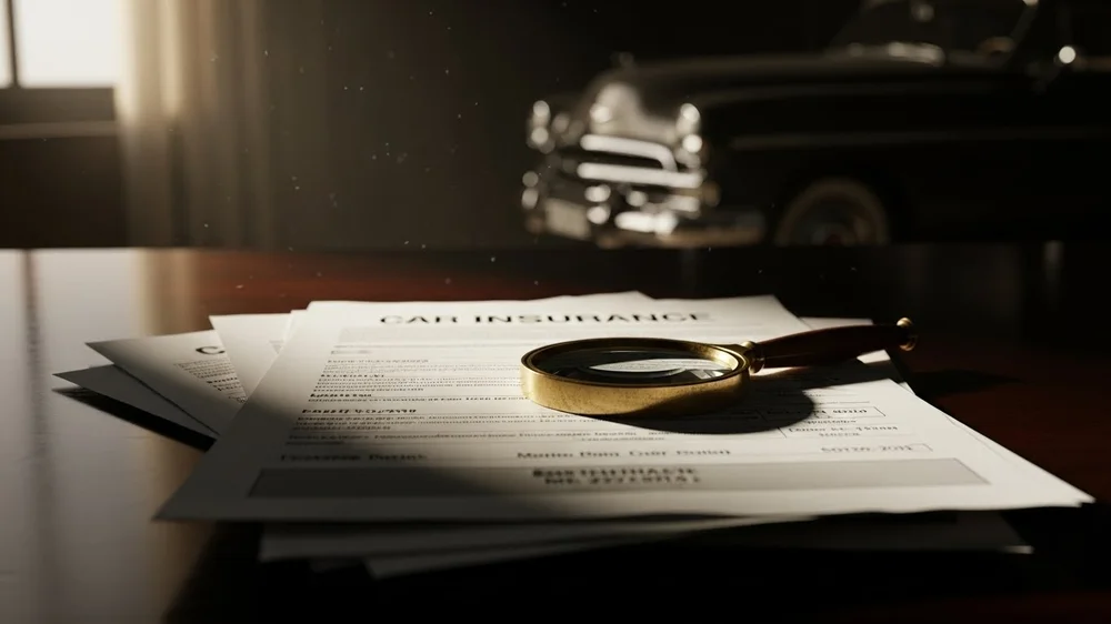 Lupa sobre contrato de seguro de carro em mesa de madeira.