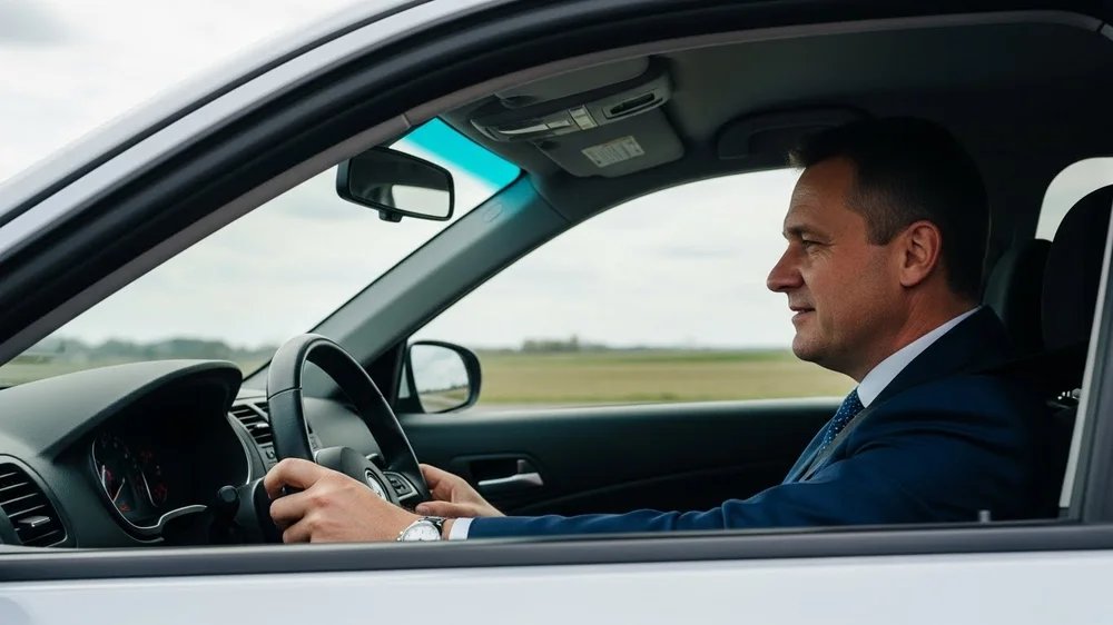 Homem de terno dirigindo carro em estrada aberta.