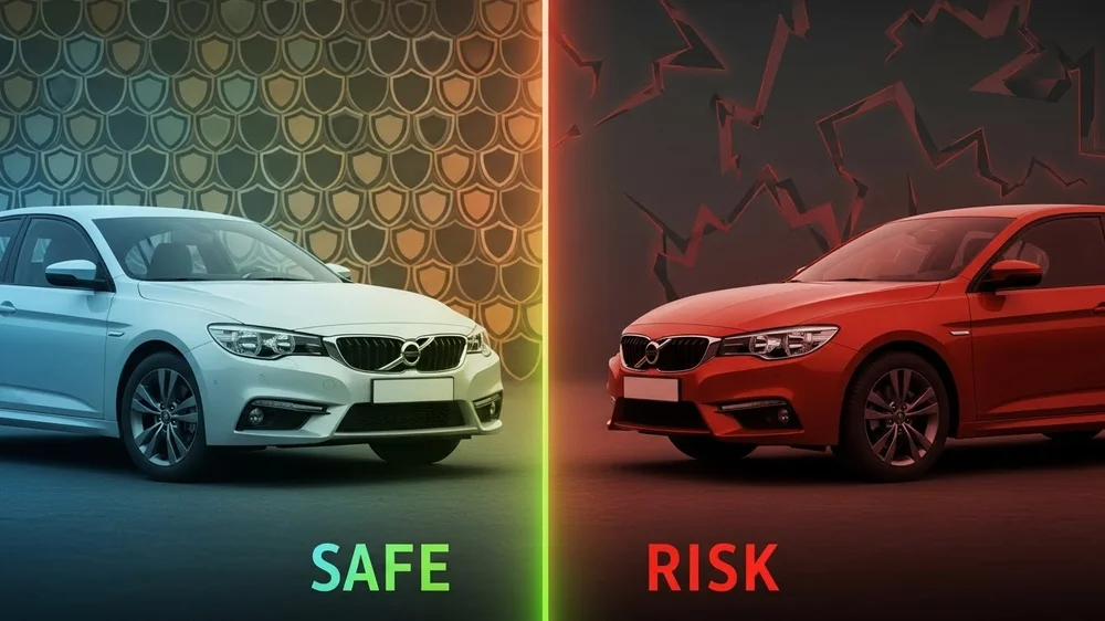 Comparação entre carro seguro com escudos e carro em risco.