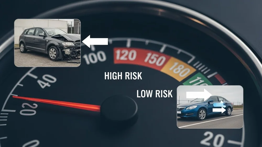 Velocímetro comparando alto e baixo risco com carros batido e intacto.