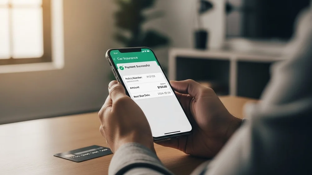 Tela de celular com confirmação de pagamento de seguro.