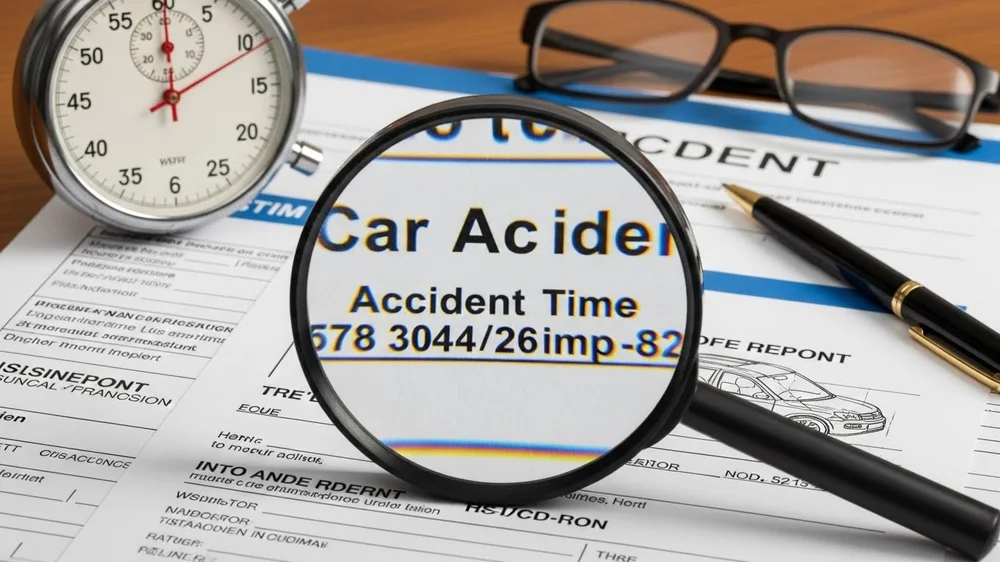 Lupa sobre formulário de acidente de carro com cronômetro ao lado.
