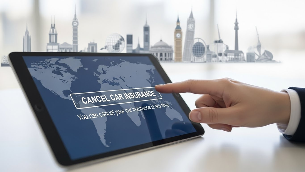 Dedo toca botão de cancelar seguro em tablet com mapa-múndi.