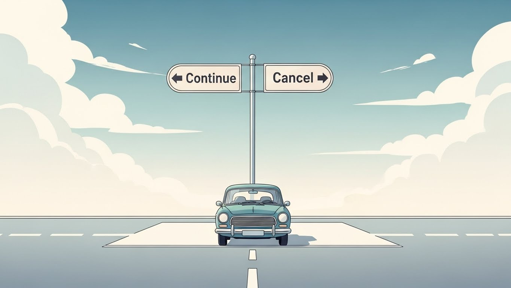 Carro em frente a placa com opções Continuar ou Cancelar.