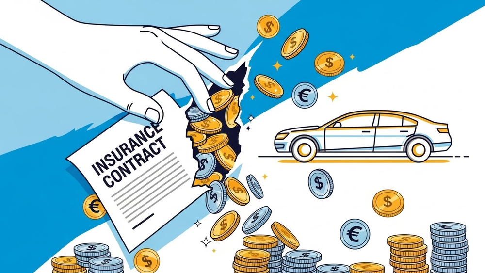 Ilustração de contrato rasgado com moedas e carro.