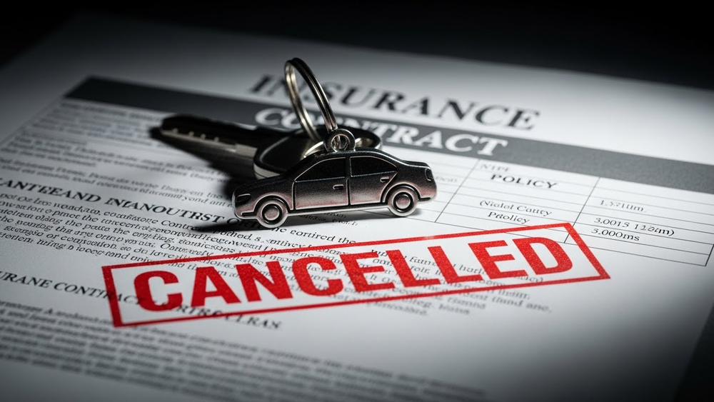Chave de carro sobre contrato com carimbo de cancelado.