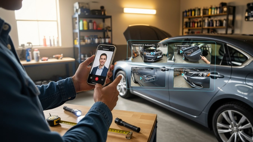 Homem faz videochamada com perito de seguro na oficina.