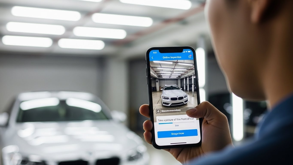 Celular tirando foto frontal de carro para vistoria.