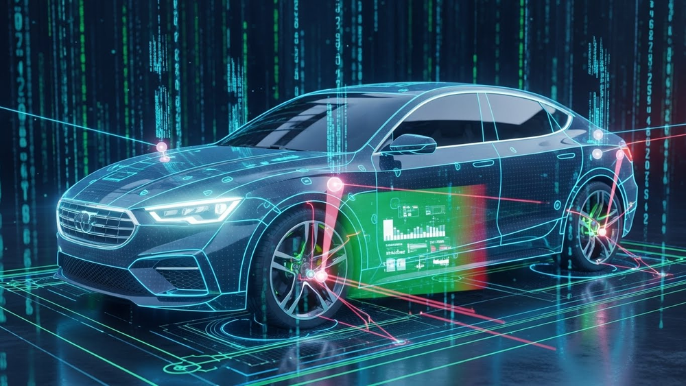 Carro digital com pontos de dados e escaneamento de IA.