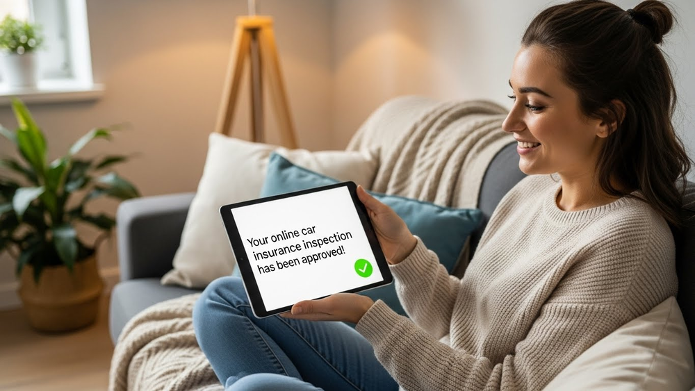 Mulher feliz no sofá segura tablet com vistoria aprovada.