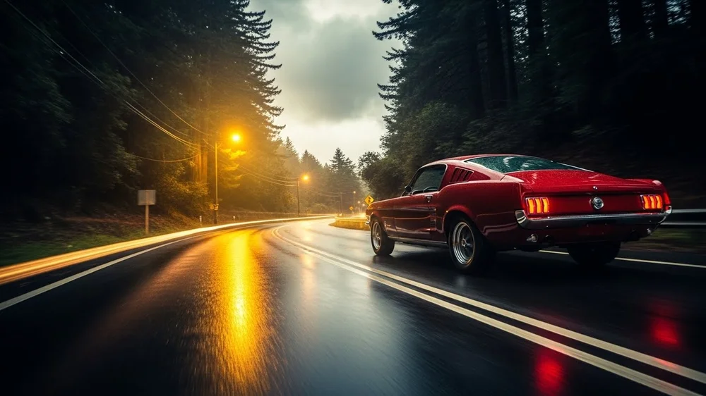Mustang clássico vermelho em alta velocidade em estrada molhada entre árvores.