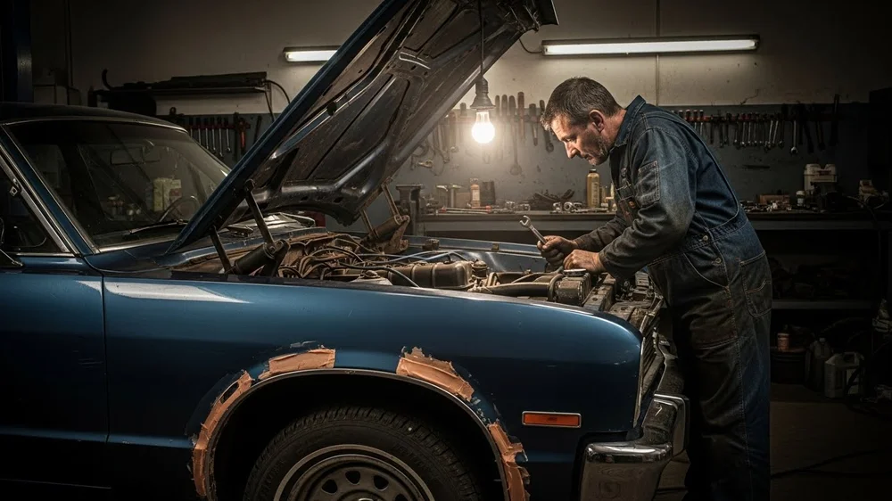 Mecânico trabalhando no motor de um carro azul em oficina.
