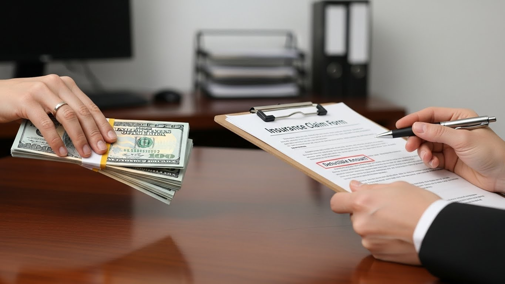 Mão recebe maço de dólares ao lado de formulário de seguro.