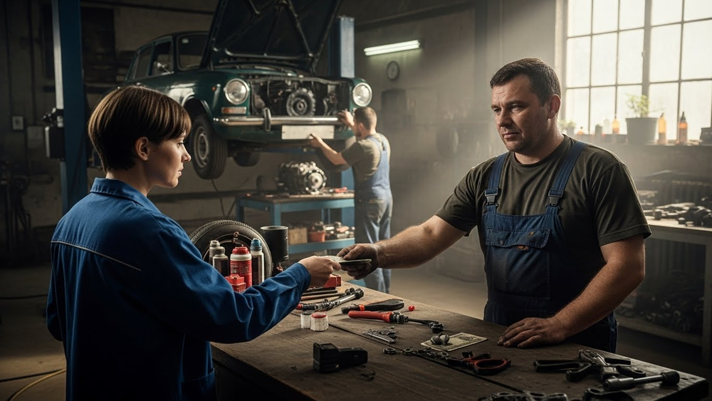Mecânicos trabalhando em oficina com carro antigo verde.