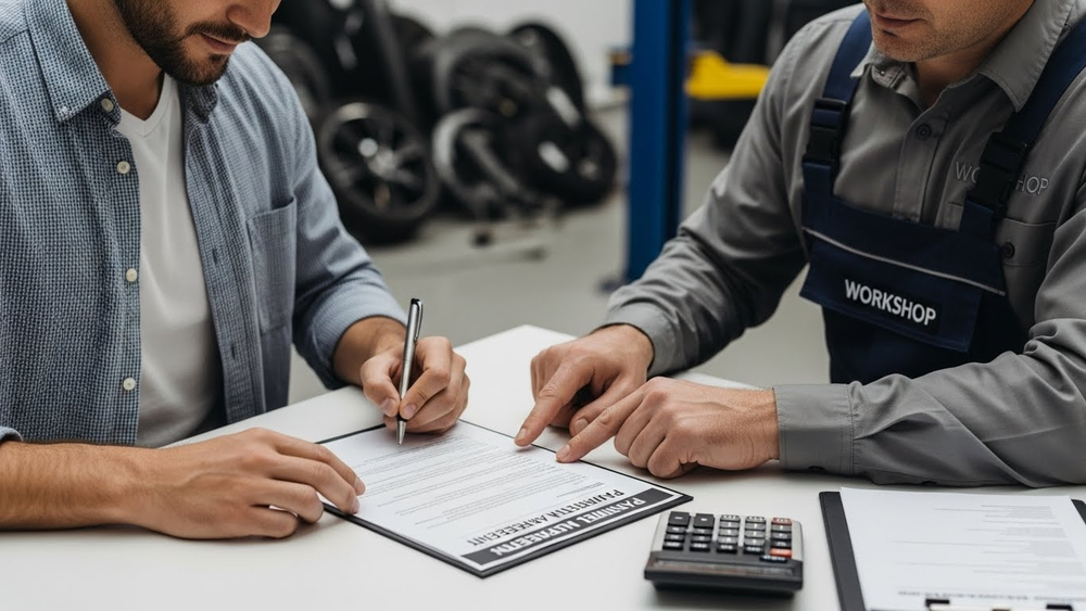Cliente assina contrato de reparos em oficina mecânica.