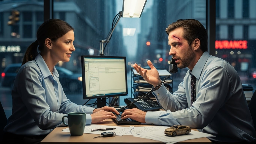 Homem ferido faz relato de acidente para corretora.