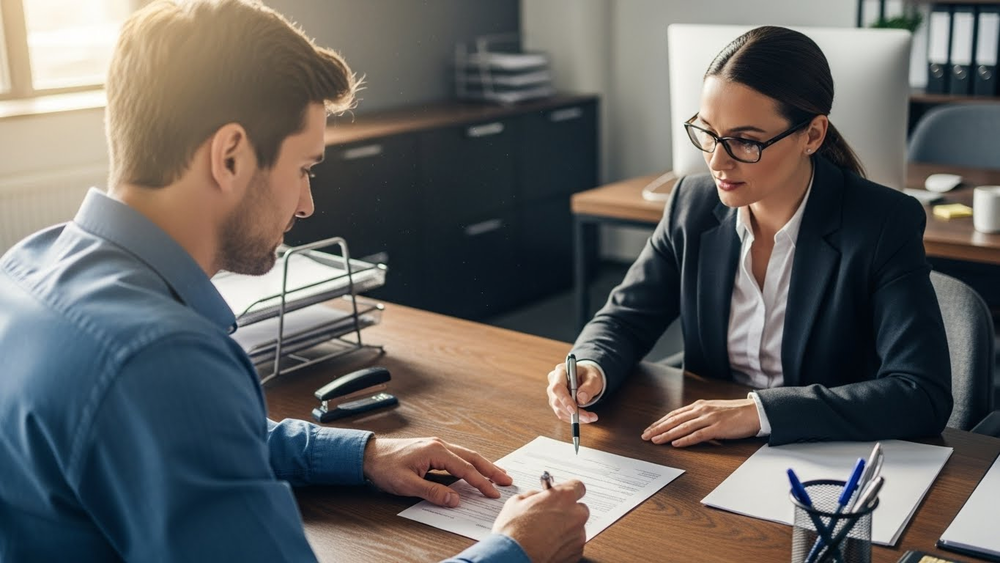 Homem assina apólice de seguro em escritório moderno.