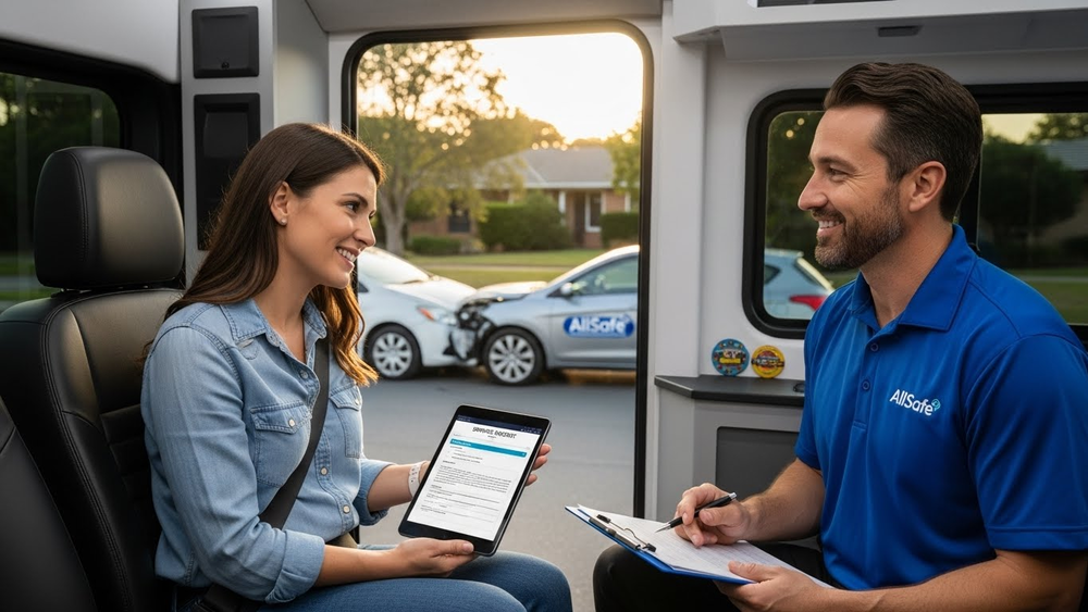 Corretor da AllSafe atende cliente após batida de carro.