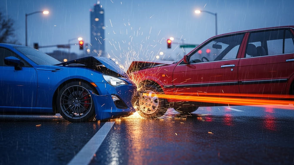 Batida frontal entre carro azul e vermelho sob chuva.