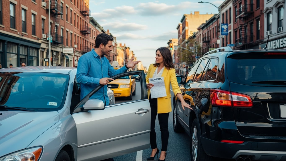 Corretora de seguros avalia danos em batida de carros.