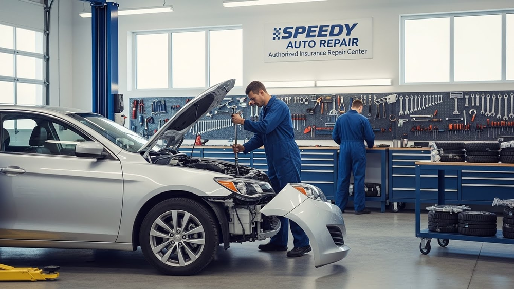 Mecânicos trabalham em oficina da Speedy Auto Repair.