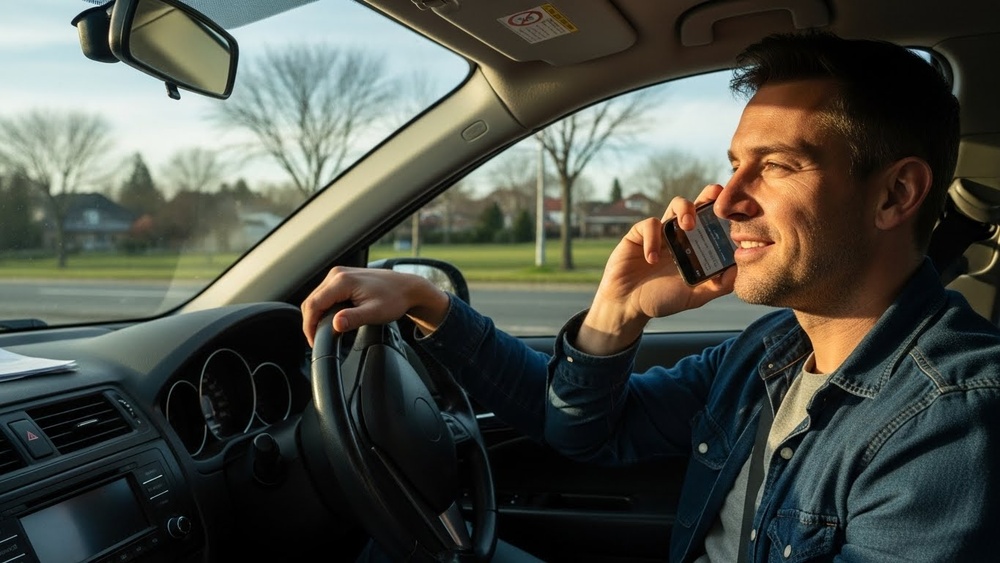 Homem sorridente fala ao celular enquanto dirige o carro.
