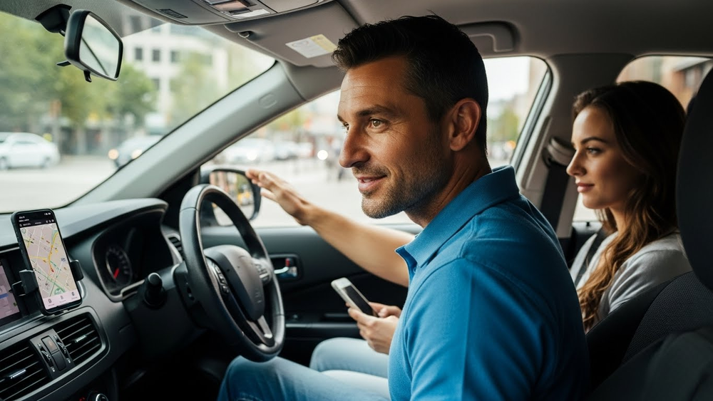 Motorista de aplicativo usa GPS com passageira no carro.