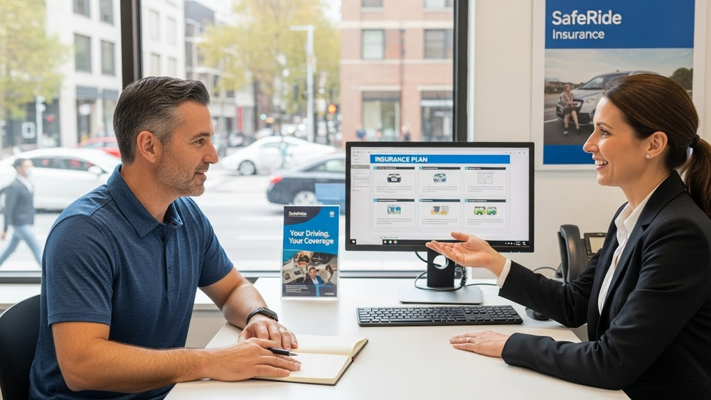 Corretora da SafeRide explica plano de seguro ao cliente.