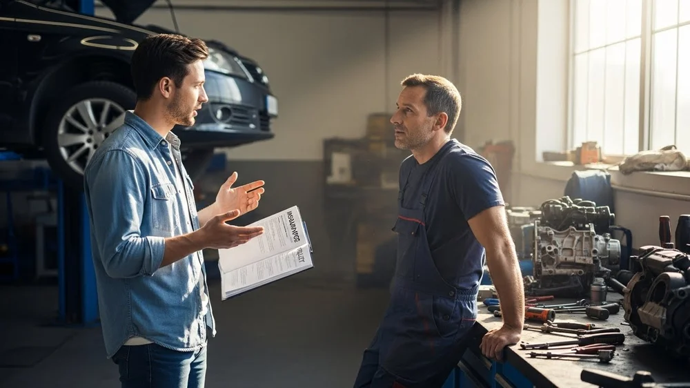 Cliente conversa com mecânico em oficina sobre orçamento de reparo.