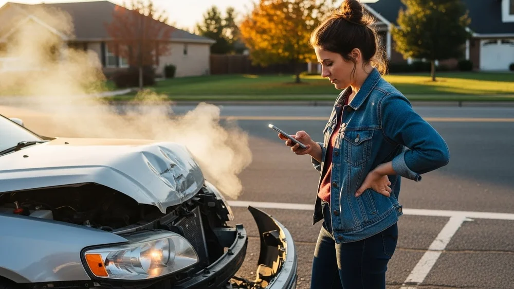 Mulher ao telemóvel junto a carro com capô danificado e fumo.