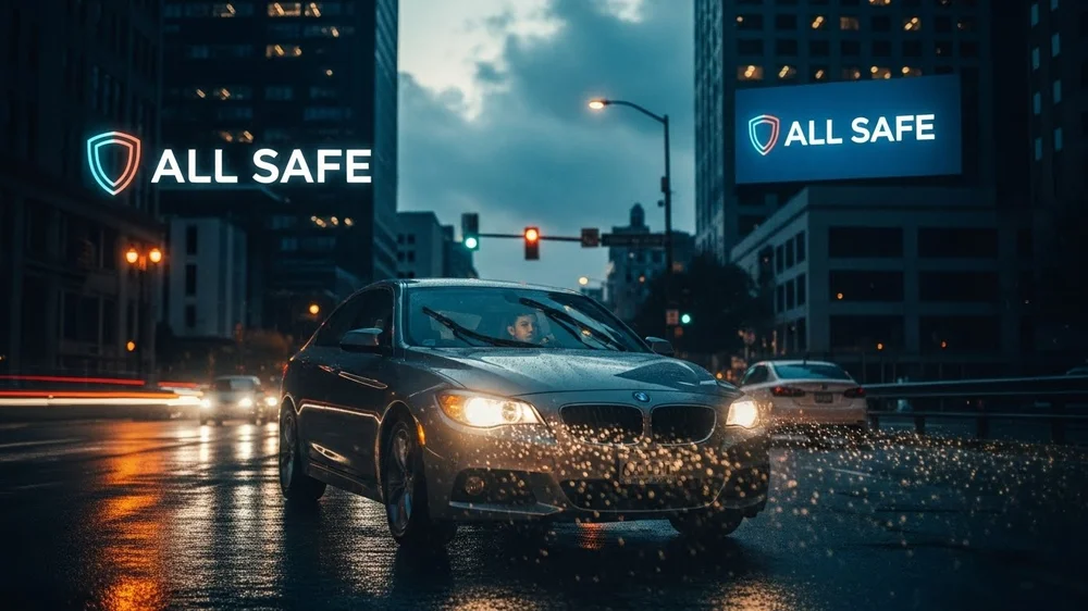 Carro conduzindo à noite sob chuva com outdoor da AllSafe.