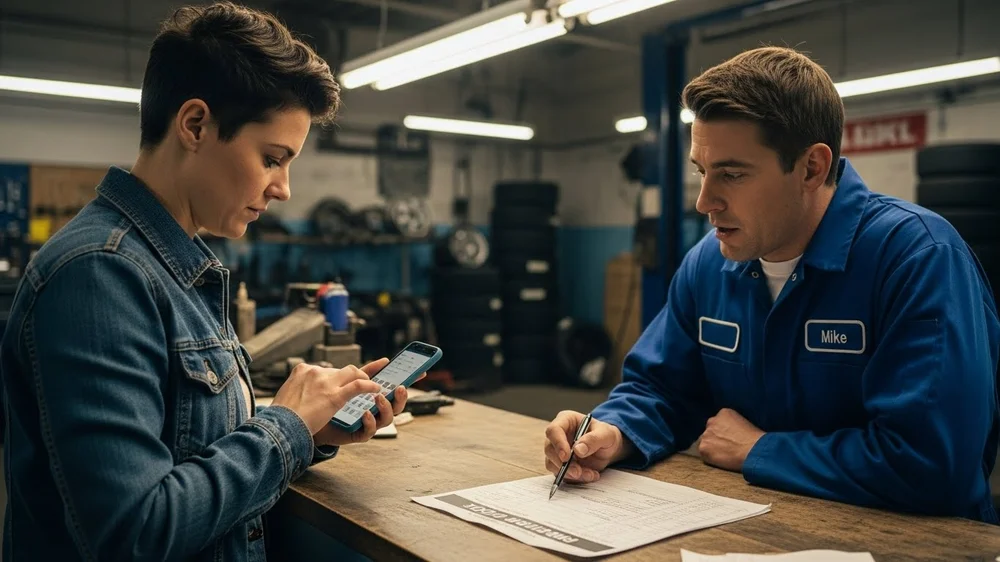 Cliente e mecânico Mike conferem orçamento em oficina mecânica.