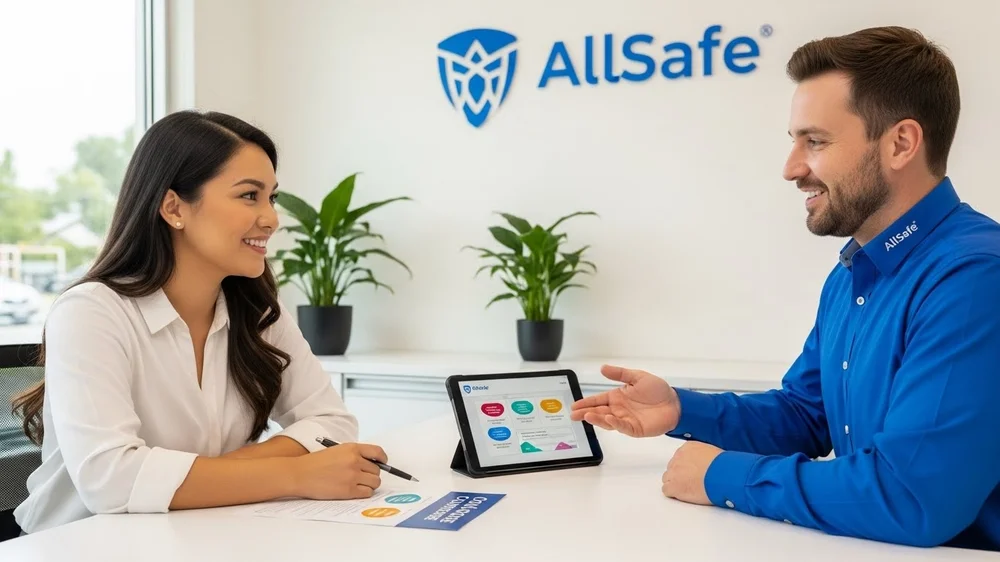 Atendente da AllSafe mostra tablet para cliente sorridente.