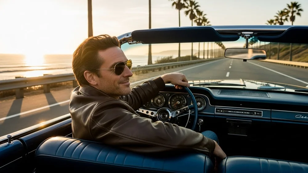 Homem dirigindo conversível azul em estrada com palmeiras.