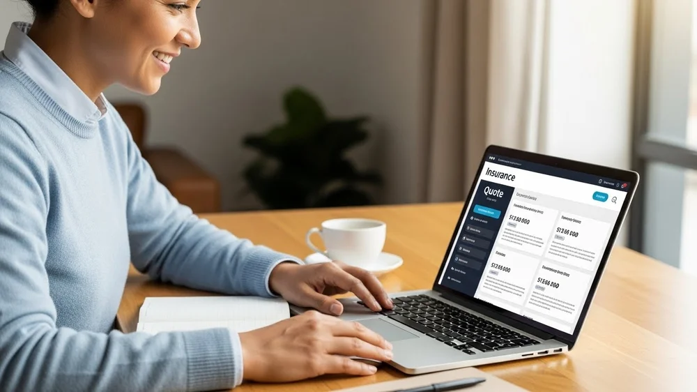 Mulher sorridente usa notebook para visualizar cotação de seguro online.